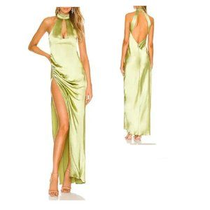 NEW FOR LOVE & LEMONS PIA MAXI GREEN SATIN MAXI DRESS